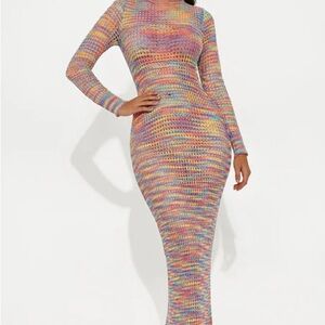 Long Sleeve Multicolor Knit Bodycon Dress - Women